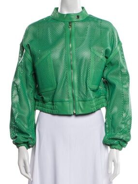 St. John Green Perforated Leather Bomber Jacket
